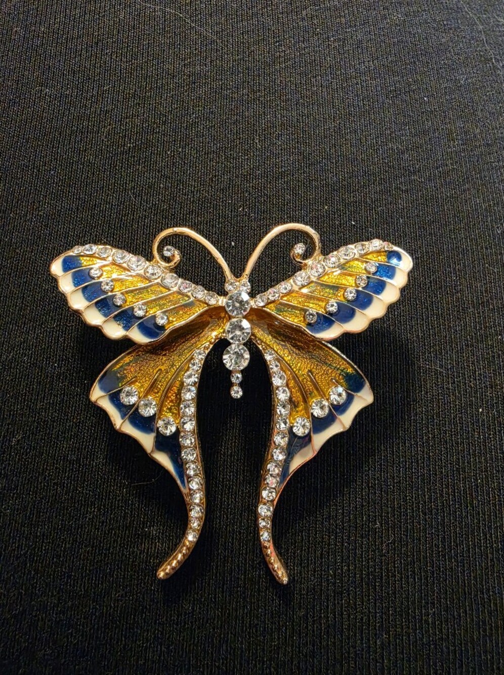 Gold Tone Blue & Yellow Butterfly Crystal Brooch - Women Jewelry